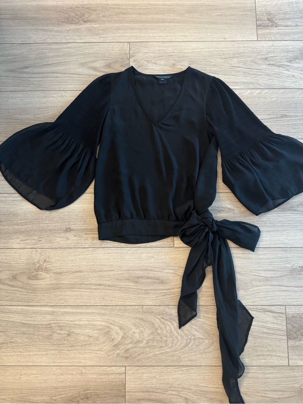 French Connection Black Bell Sleeve Tie Waist Blouse US 4